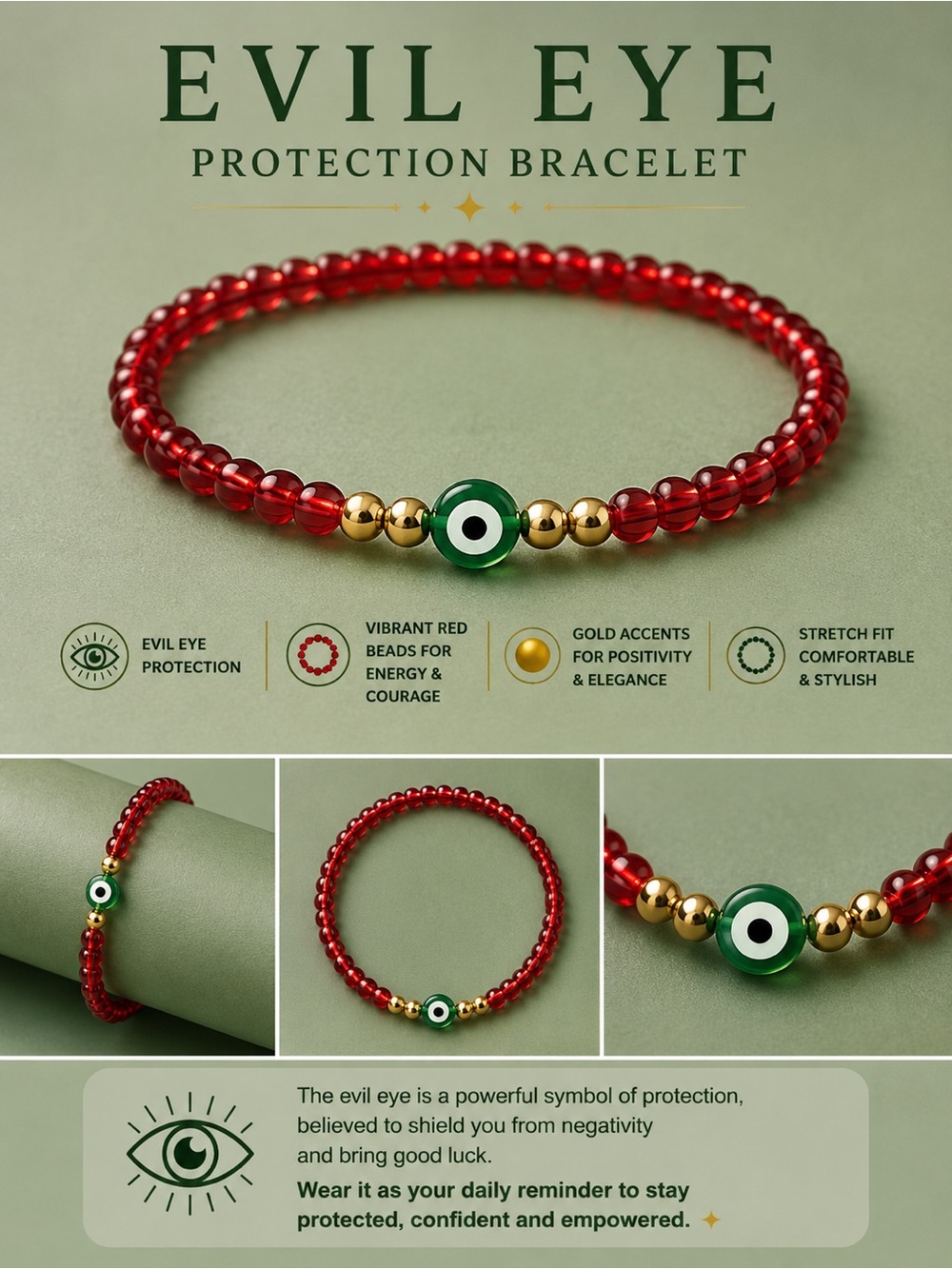 Evil Eye Protection Bracelet - Vibrant Red Beads with Gold Accents #01